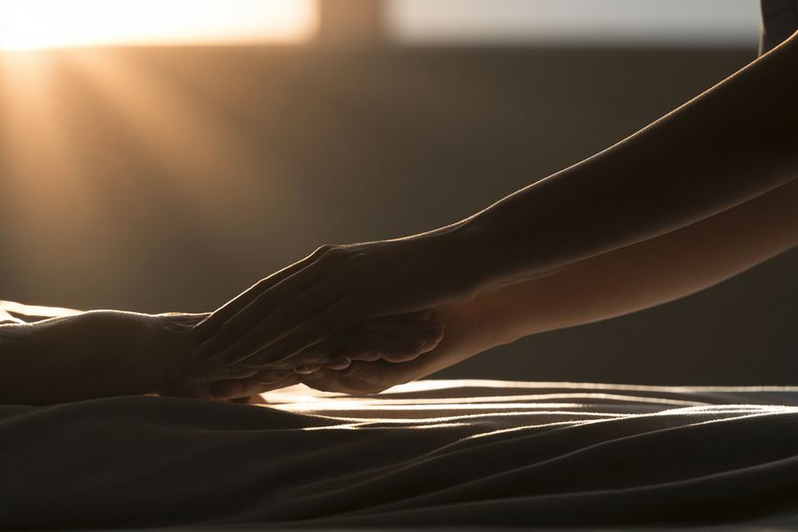 A caregiver gently holding the hand of a patient