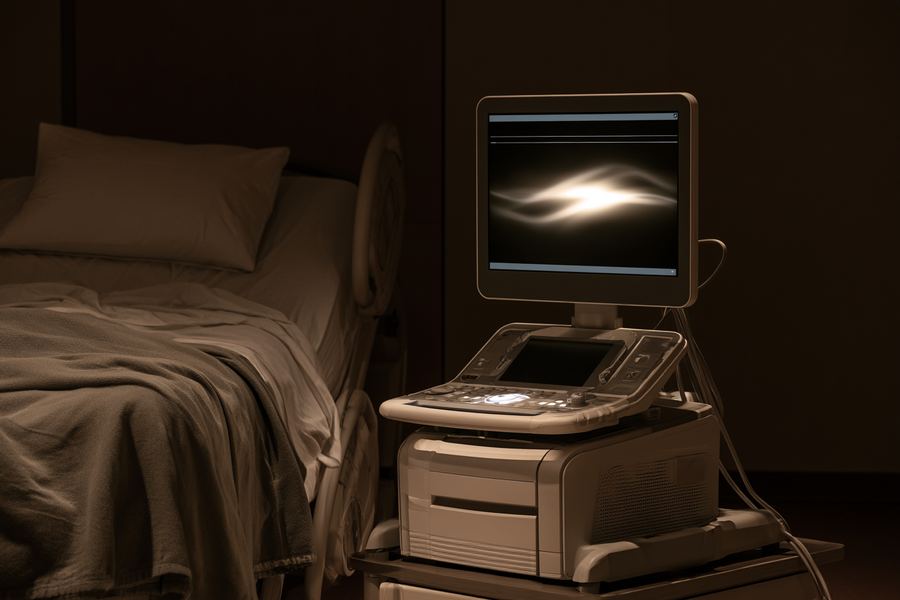 Maternal fetal monitoring equipment beside a hospital bed